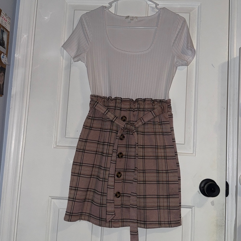 Ultra Flirt Dress Scoop Neck Buttons White with Pink Plaid Skirt Above Knee